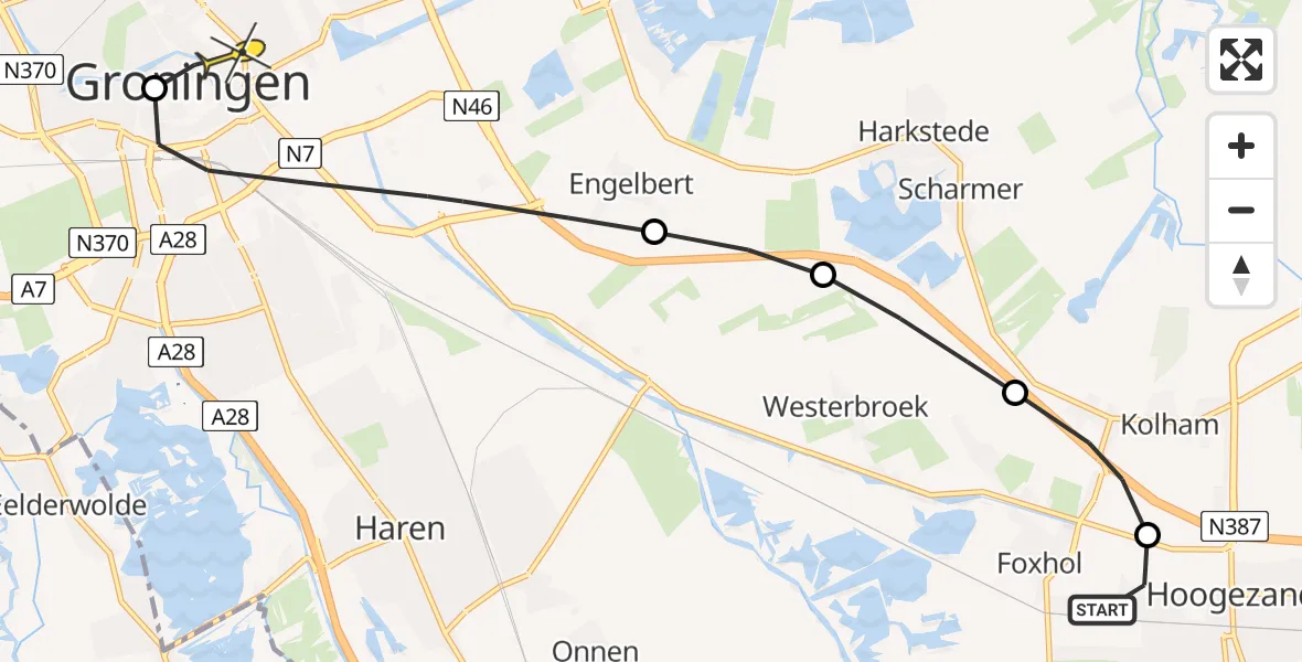 Routekaart van de vlucht: Lifeliner 4 naar Universitair Medisch Centrum Groningen, Poortweg