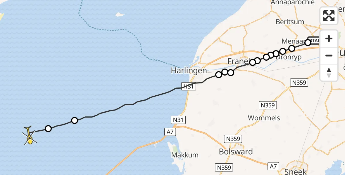 Routekaart van de vlucht: Ambulanceheli naar Oosterend, Ingelumerdyk