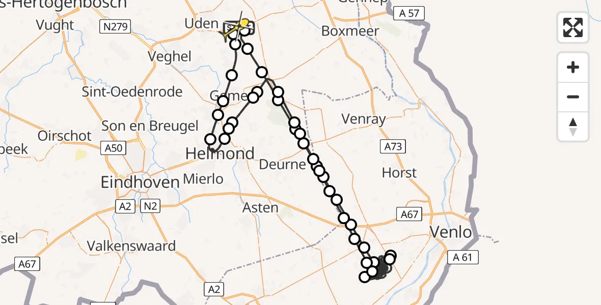 Routekaart van de vlucht: Politieheli naar Vliegbasis Volkel, Rogstraat