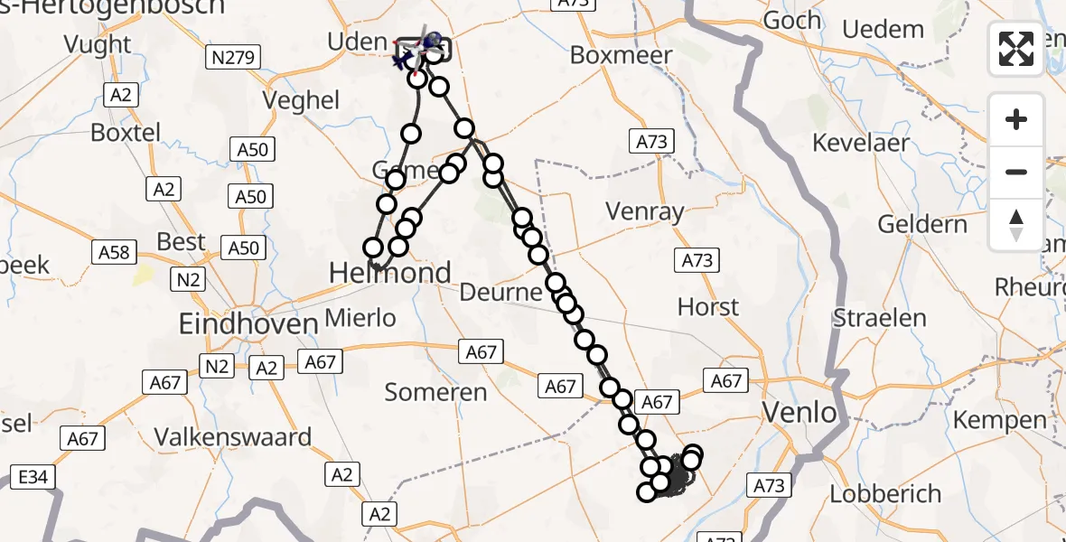 Vluchtroute Politiehelikopter van Vliegbasis Volkel naar Vliegbasis Volkel