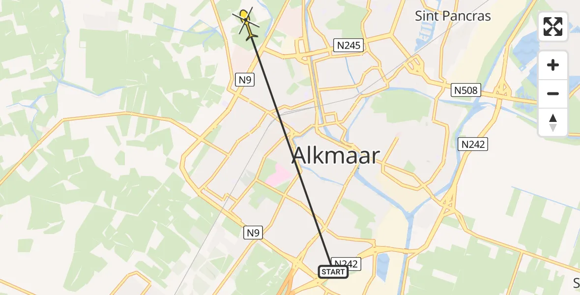 Routekaart van de vlucht: Ambulanceheli naar Alkmaar, Bergerweg