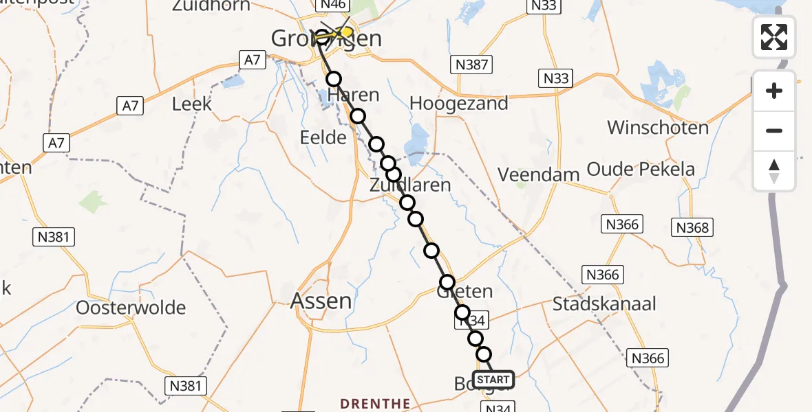 Routekaart van de vlucht: Lifeliner 4 naar Universitair Medisch Centrum Groningen, Borgerderstraat