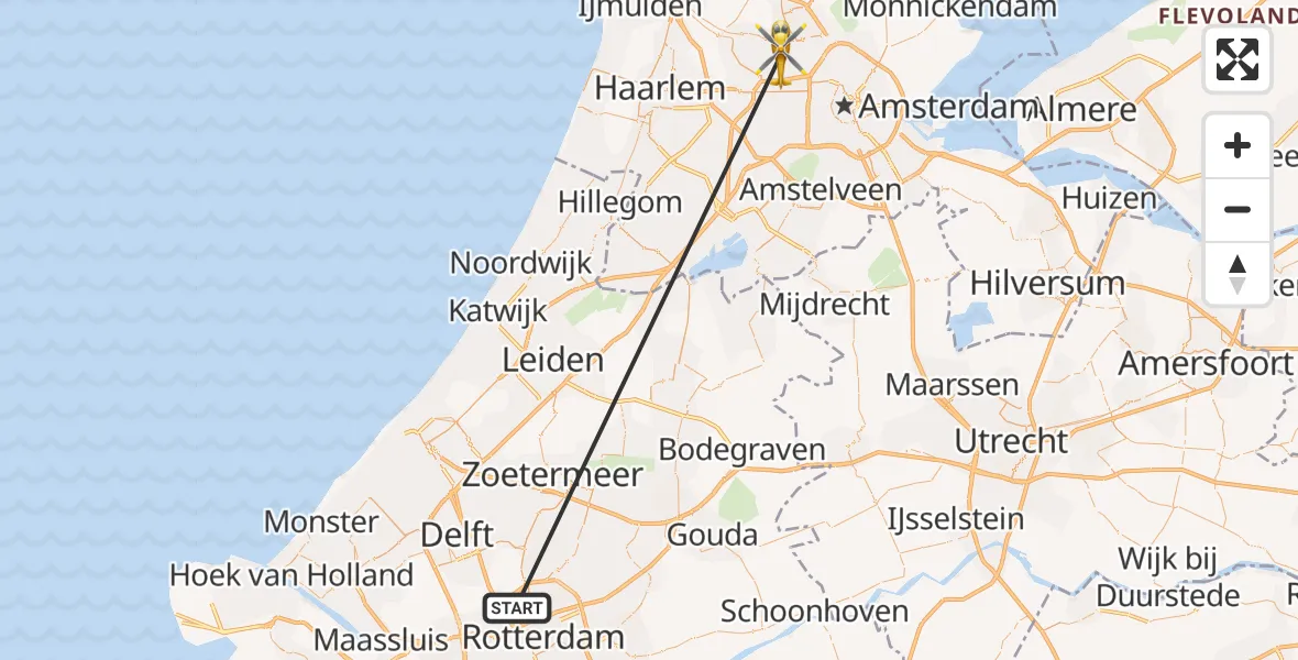 Vluchtroute Traumahelikopter van Rotterdam The Hague Airport naar Amsterdam Heliport