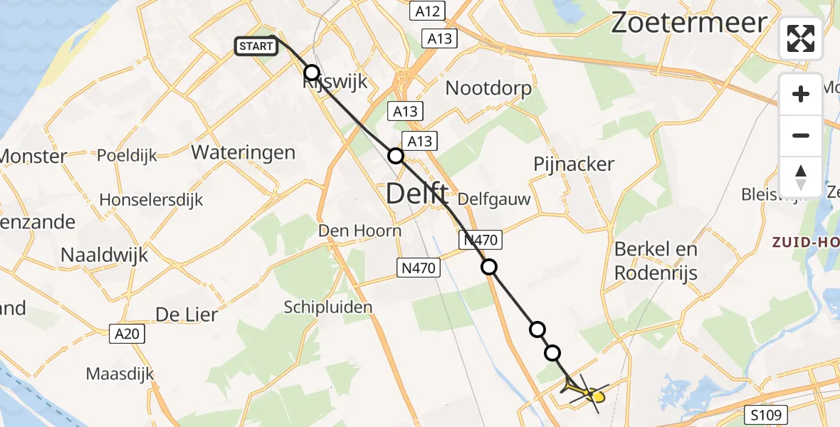 Routekaart van de vlucht: Traumaheli naar Rotterdam The Hague Airport, Verwoldestraat