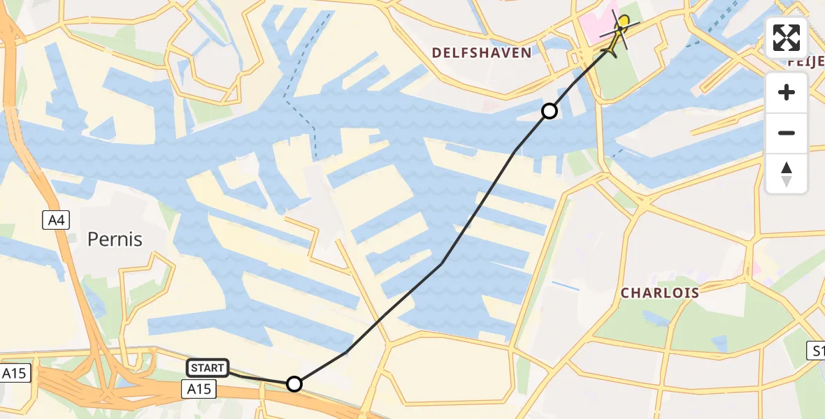 Routekaart van de vlucht: Lifeliner 1 naar Erasmus MC, Vondelingenweg