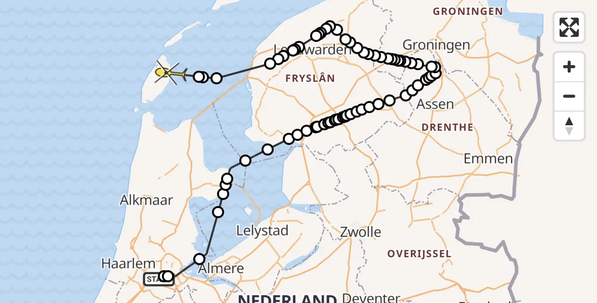 Routekaart van de vlucht: Politieheli naar Oosterend, Nieuwe Haagseweg