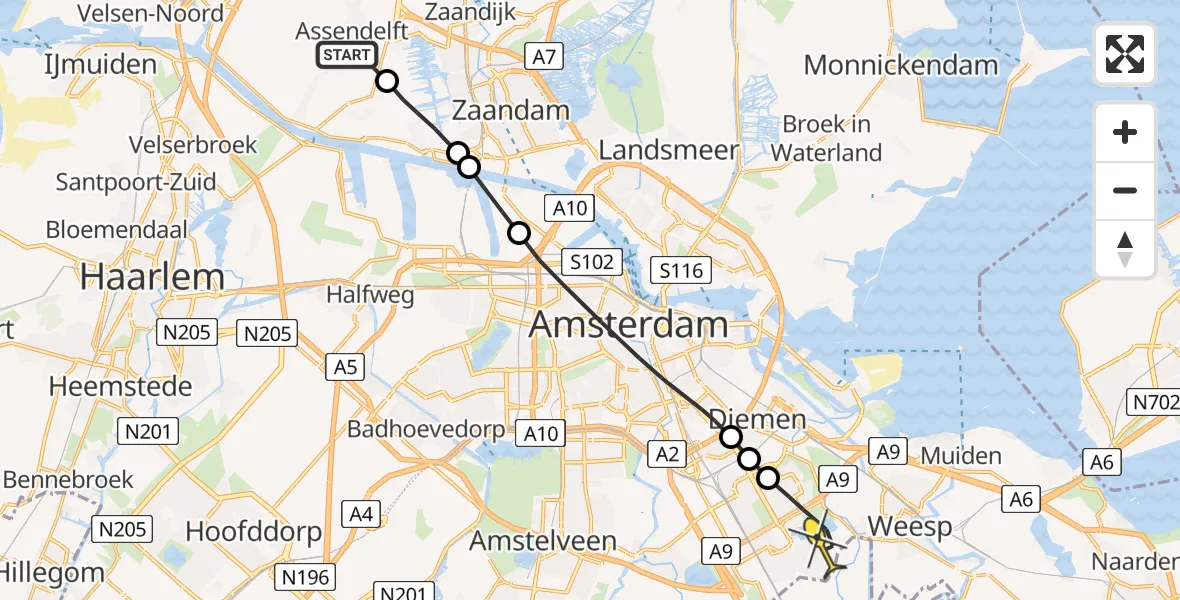 Routekaart van de vlucht: Lifeliner 1 naar Amsterdam, Radarweg