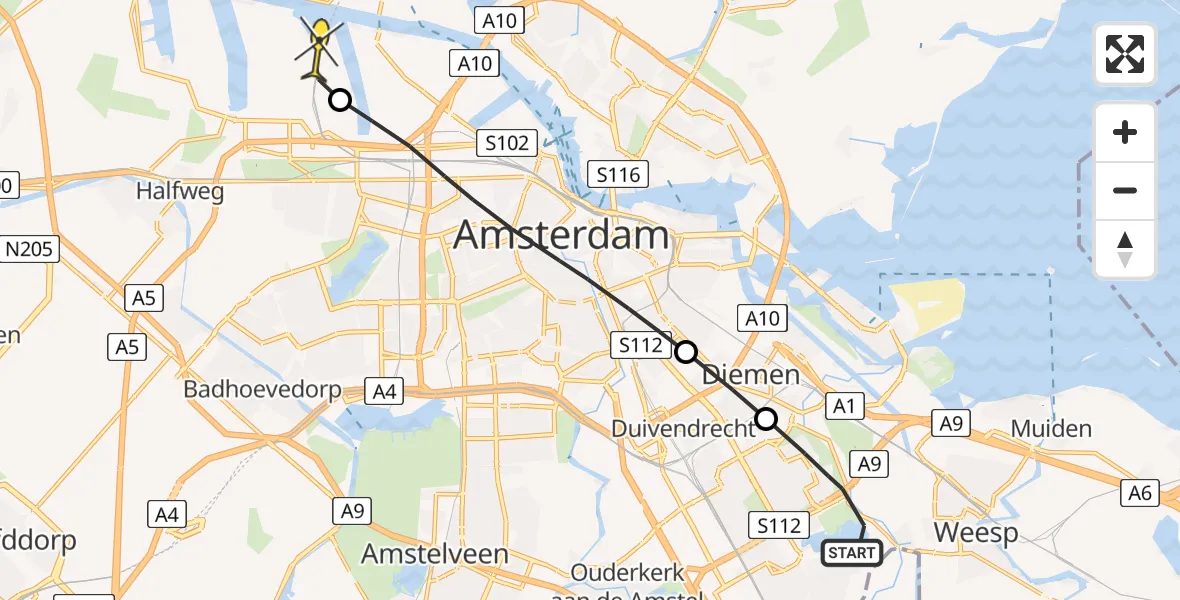 Routekaart van de vlucht: Lifeliner 1 naar Amsterdam Heliport, Gaasperdammerweg