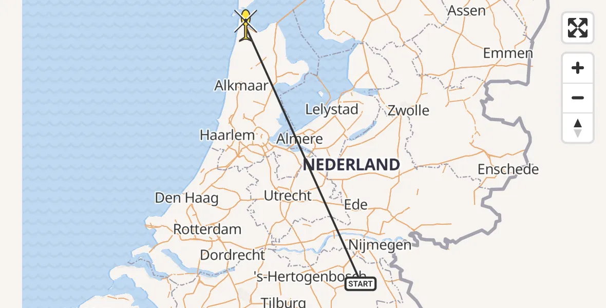 Vluchtroute Traumahelikopter van Vliegbasis Volkel naar Vliegveld De Kooy