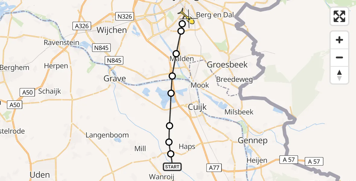Routekaart van de vlucht: Lifeliner 3 naar Radboud Universitair Medisch Centrum, Hapseweg