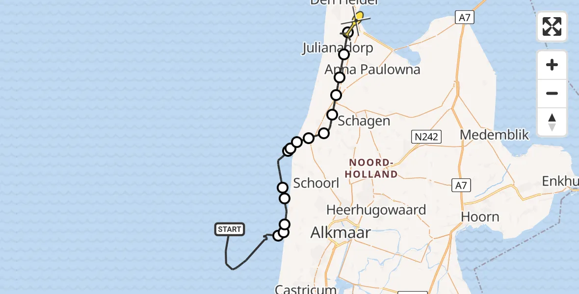 Routekaart van de vlucht: Kustwachthelikopter naar Vliegveld De Kooy, Strandslag 25