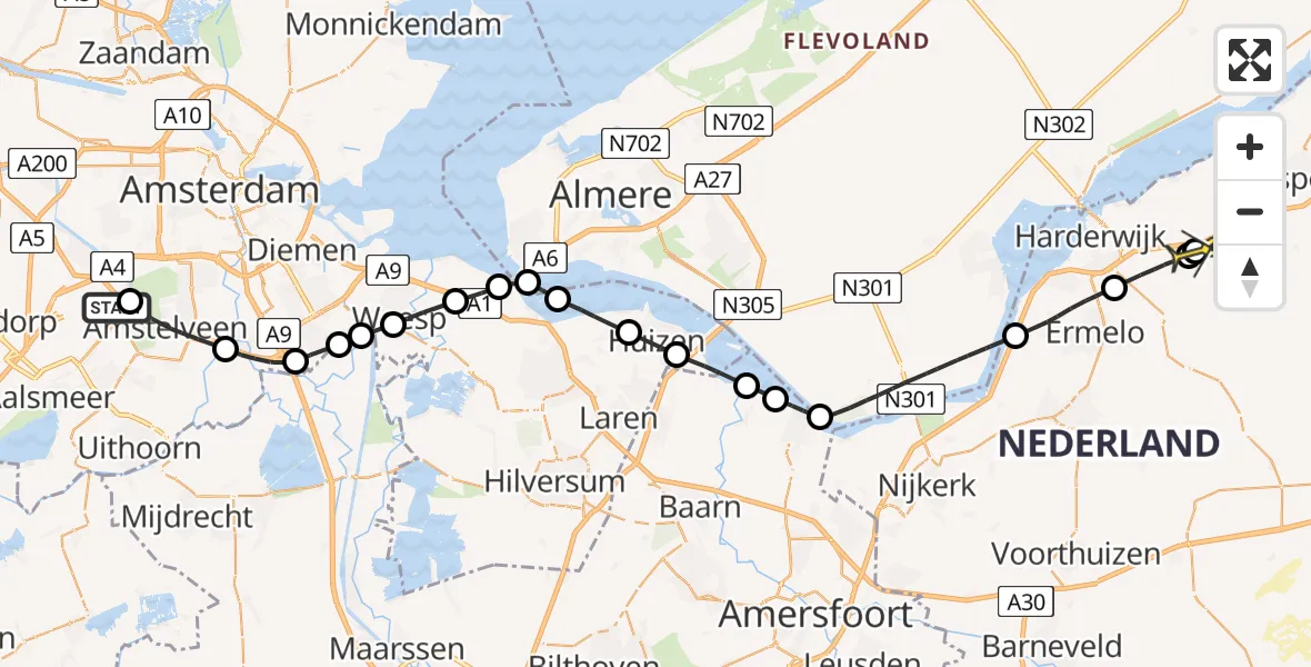 Routekaart van de vlucht: Politieheli naar Hulshorst, Schipholdijk