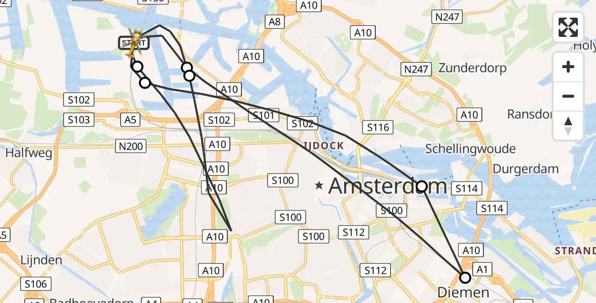 Vluchtroute Traumahelikopter van Amsterdam Heliport naar Amsterdam Heliport