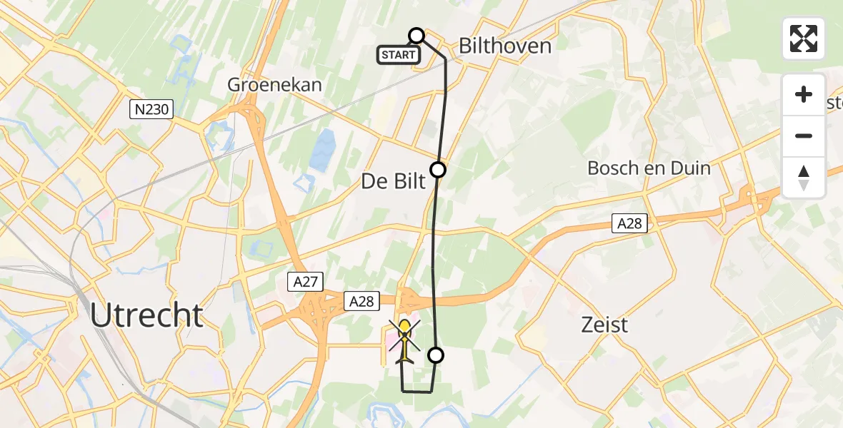 Routekaart van de vlucht: Lifeliner 1 naar Universitair Medisch Centrum Utrecht, Hendrick de Keyserkwartier