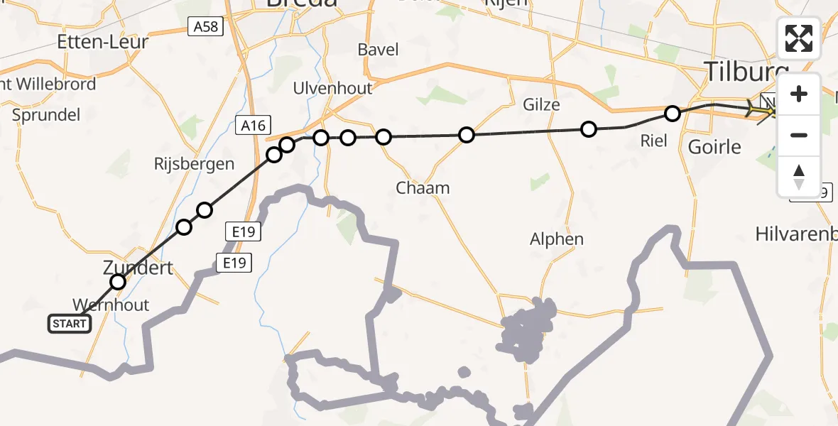 Routekaart van de vlucht: Lifeliner 2 naar Tilburg, Grote Heistraat