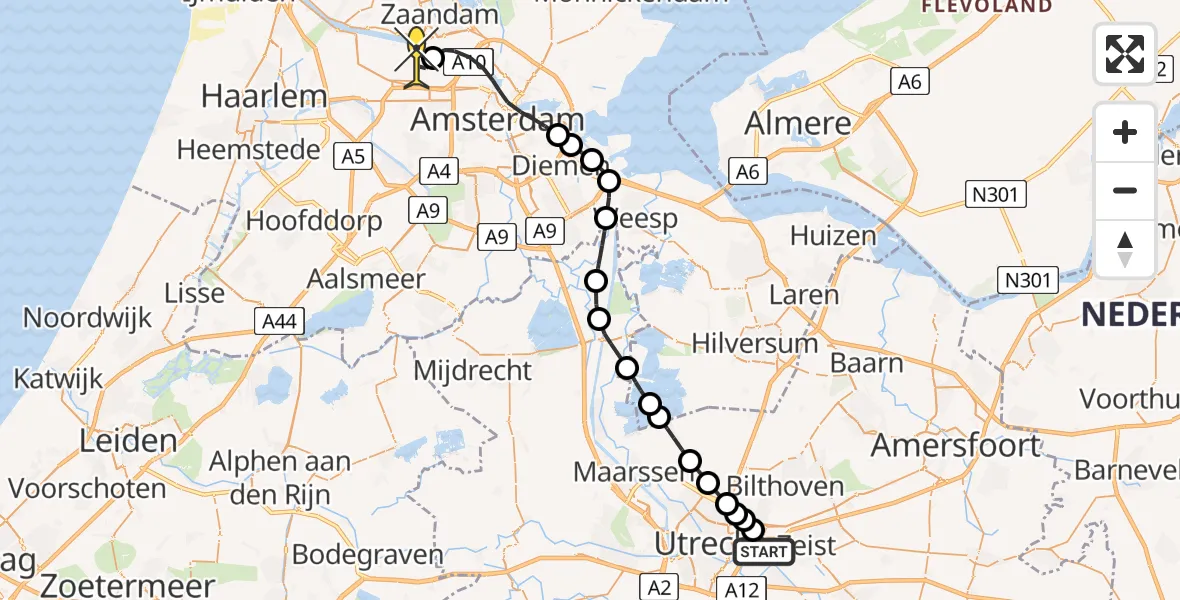 Routekaart van de vlucht: Lifeliner 1 naar Amsterdam Heliport, Universiteitsweg