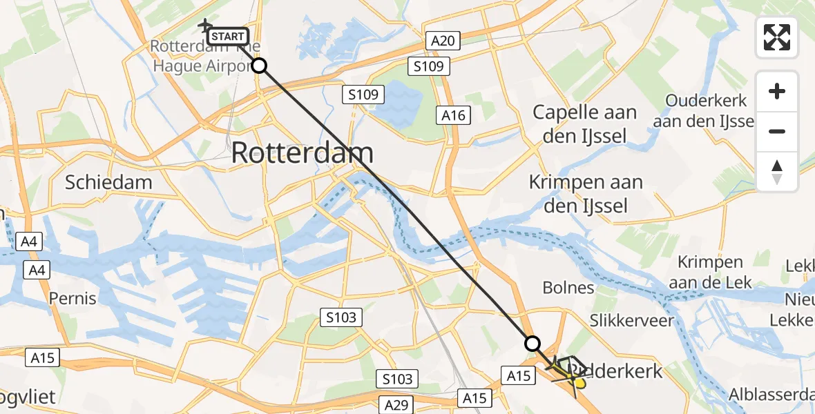 Routekaart van de vlucht: Lifeliner 2 naar Ridderkerk, Robert Owenstraat