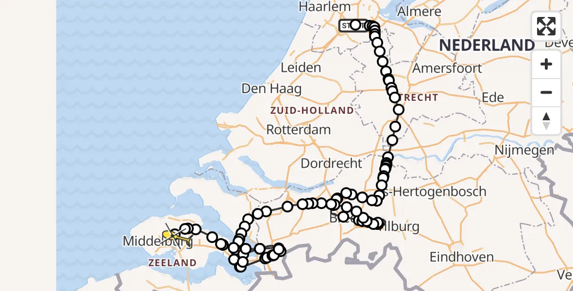 Routekaart van de vlucht: Politiehelikopter naar Vliegveld Midden-Zeeland, Heuvel