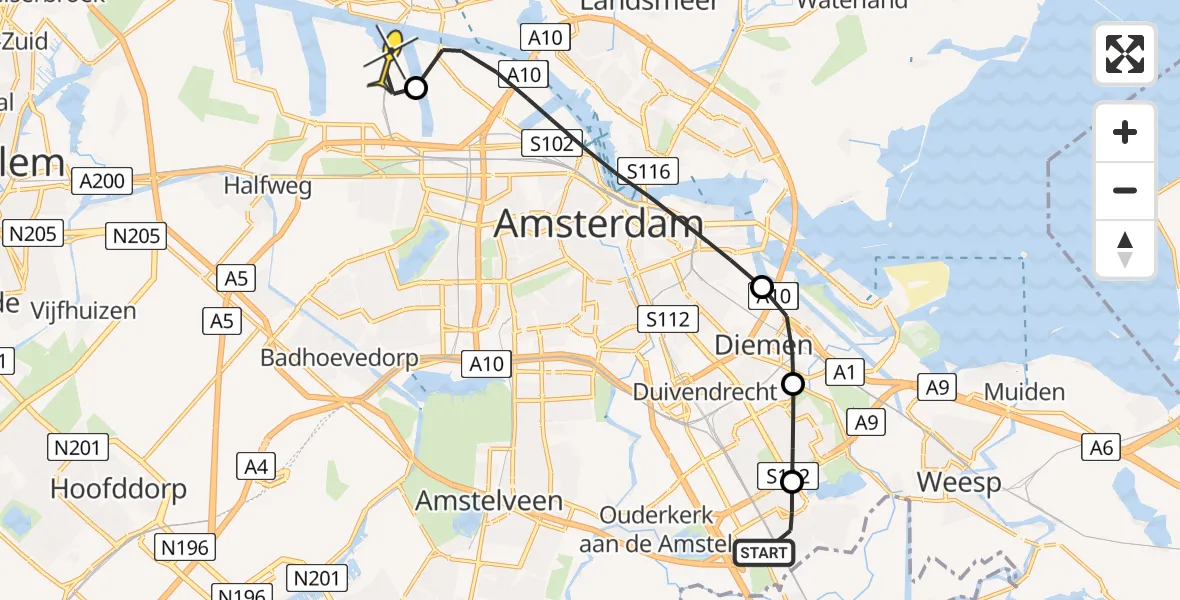 Routekaart van de vlucht: Lifeliner 1 naar Amsterdam Heliport, Mijndenhof