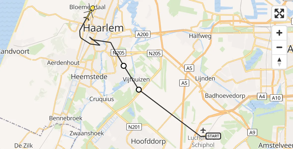 Routekaart van de vlucht: Politieheli naar Bloemendaal, Schiphol Boulevard