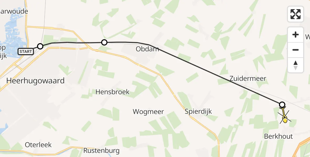 Routekaart van de vlucht: Politieheli naar Berkhout, van Santenlaan