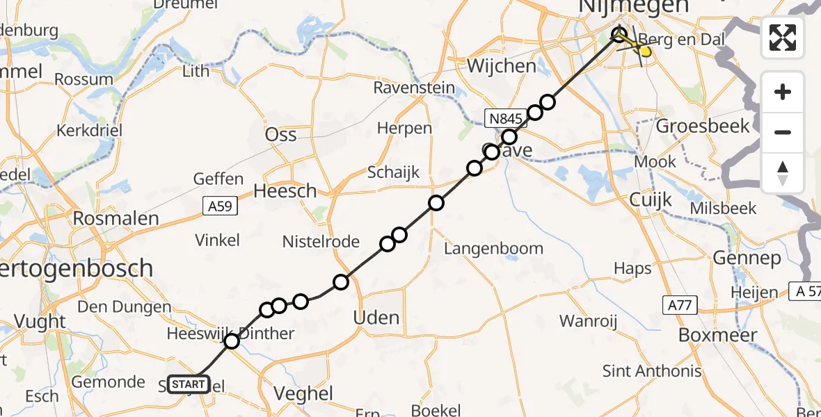Routekaart van de vlucht: Lifeliner 3 naar Radboud Universitair Medisch Centrum, Tuinvereniging Arcadia