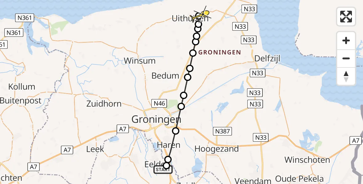 Routekaart van de vlucht: Lifeliner 4 naar Uithuizermeeden, Boerlandsdijk