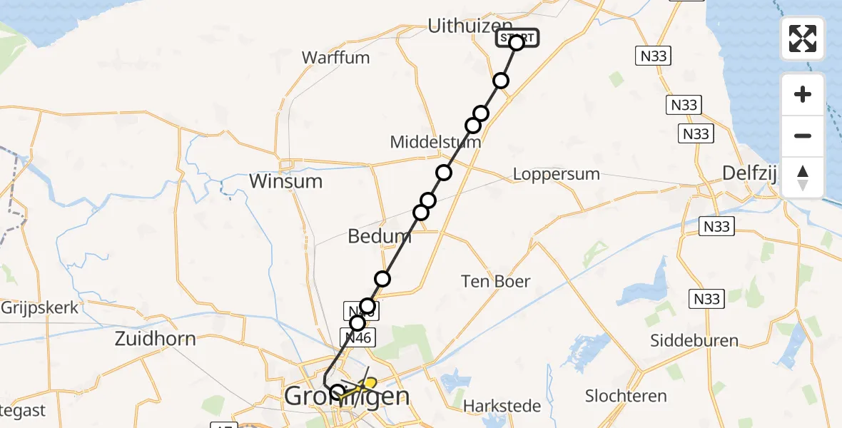 Routekaart van de vlucht: Lifeliner 4 naar Universitair Medisch Centrum Groningen, Oldenzijlsterweg