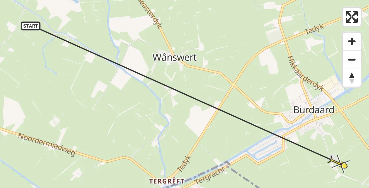 Routekaart van de vlucht: Ambulancehelikopter naar Burdaard, Steenendamsterweg