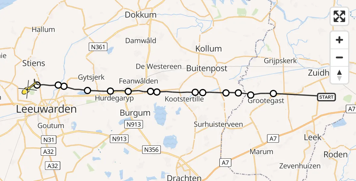 Routekaart van de vlucht: Ambulanceheli naar Vliegbasis Leeuwarden, Hoofdstraat