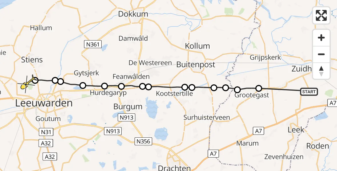 Routekaart van de vlucht: Ambulancehelikopter naar Vliegbasis Leeuwarden, Hoofdstraat
