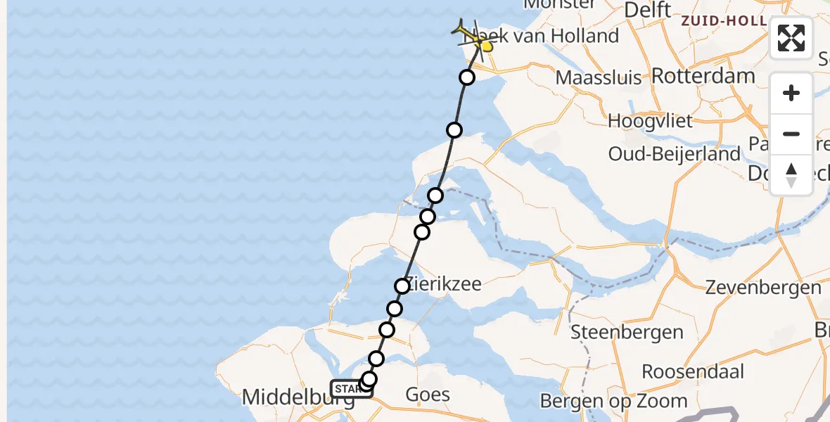 Routekaart van de vlucht: Kustwachthelikopter naar Maasvlakte, Calandweg