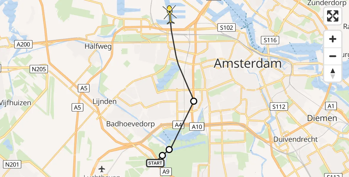 Vluchtroute Politiehelikopter van Schiphol naar Amsterdam