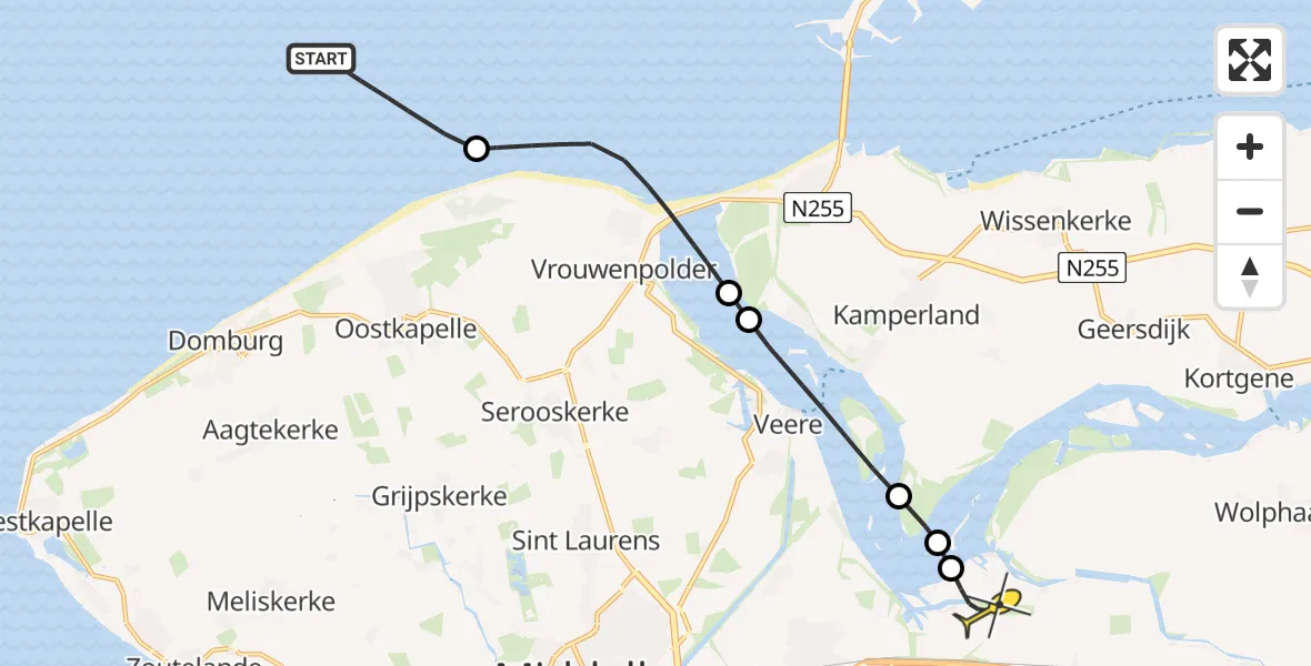 Routekaart van de vlucht: Kustwachthelikopter naar Vliegveld Midden-Zeeland, Calandweg