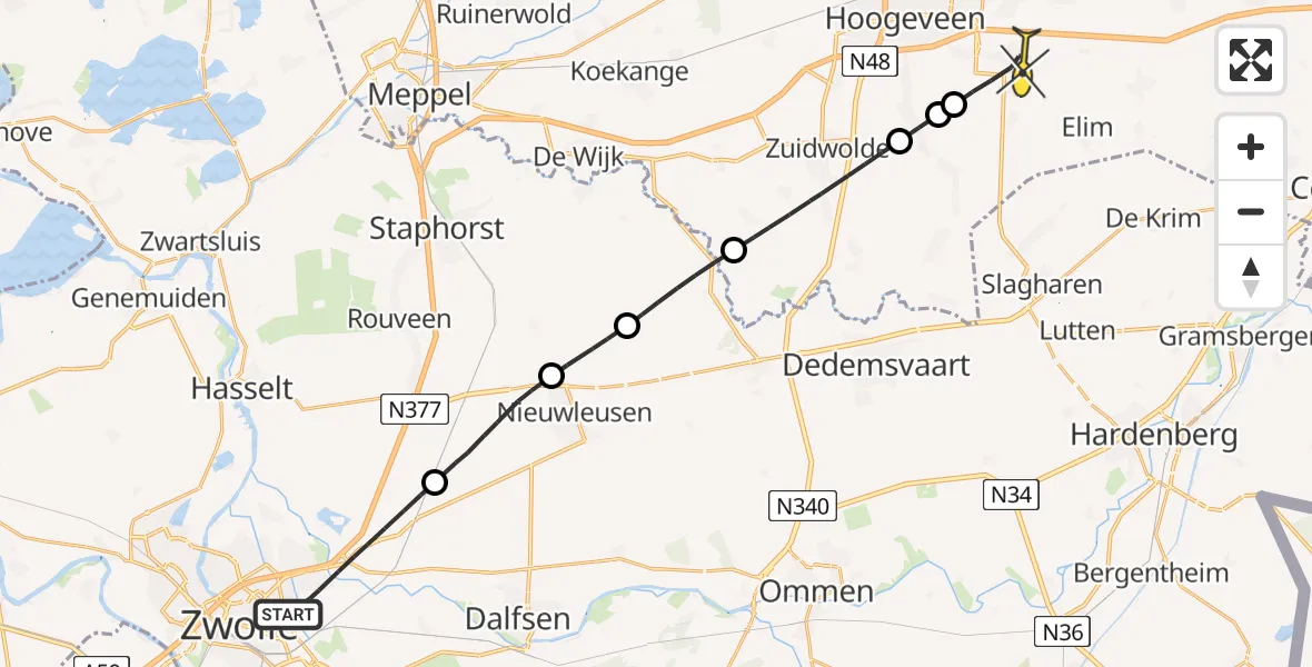 Routekaart van de vlucht: Lifeliner 4 naar Hollandscheveld, Roodhuizerpad