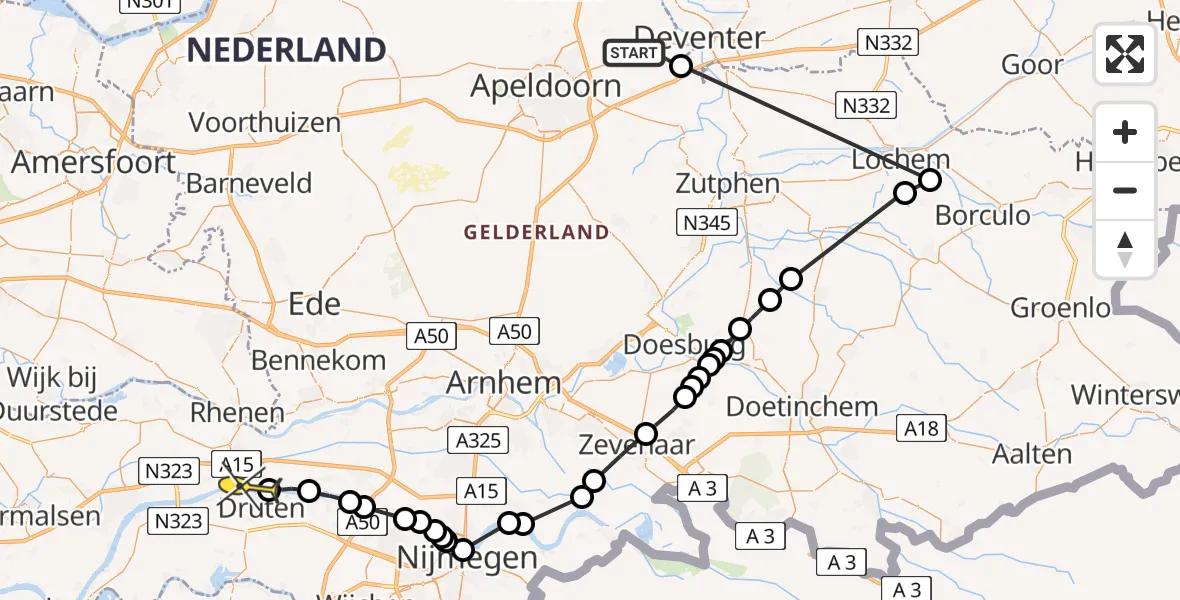 Routekaart van de vlucht: Politieheli naar Ochten, Koningin Wilhelminaweg