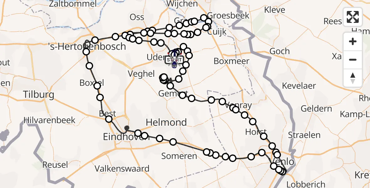 Vluchtroute Politiehelikopter van Vliegbasis Volkel naar Vliegbasis Volkel