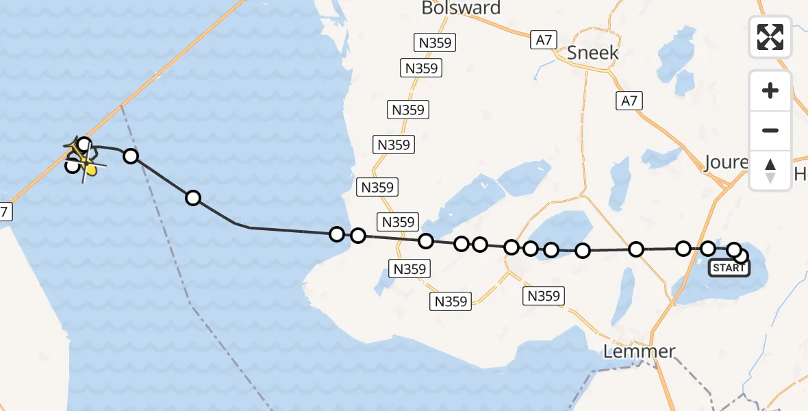 Routekaart van de vlucht: Kustwachthelikopter naar Wieringerwerf, Tsjûkemar