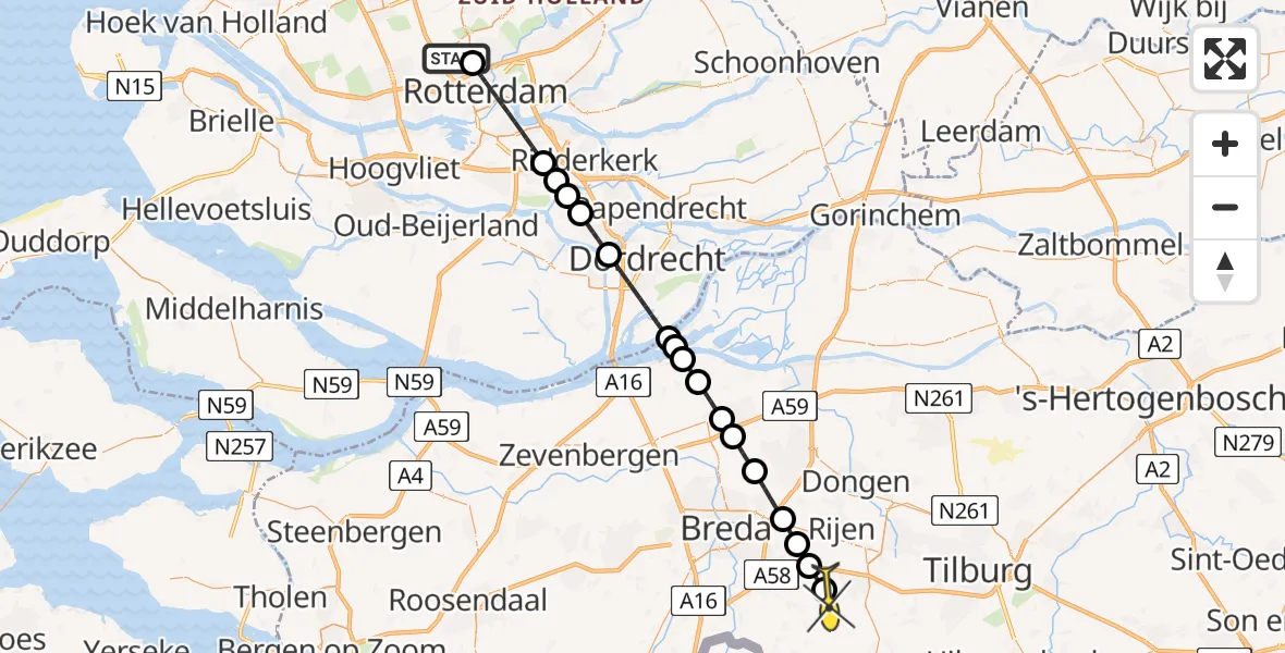 Routekaart van de vlucht: Lifeliner 2 naar Gilze, HSL-Zuid