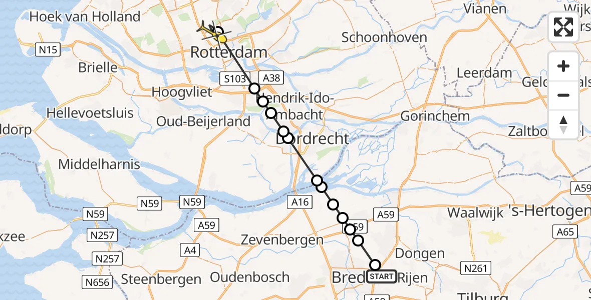 Routekaart van de vlucht: Lifeliner 2 naar Rotterdam The Hague Airport, Donkerstraat