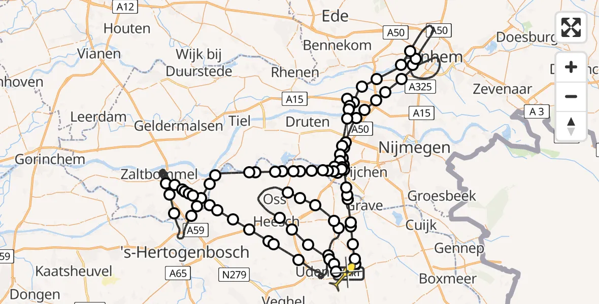 Routekaart van de vlucht: Politieheli naar Vliegbasis Volkel, Trentsedijk