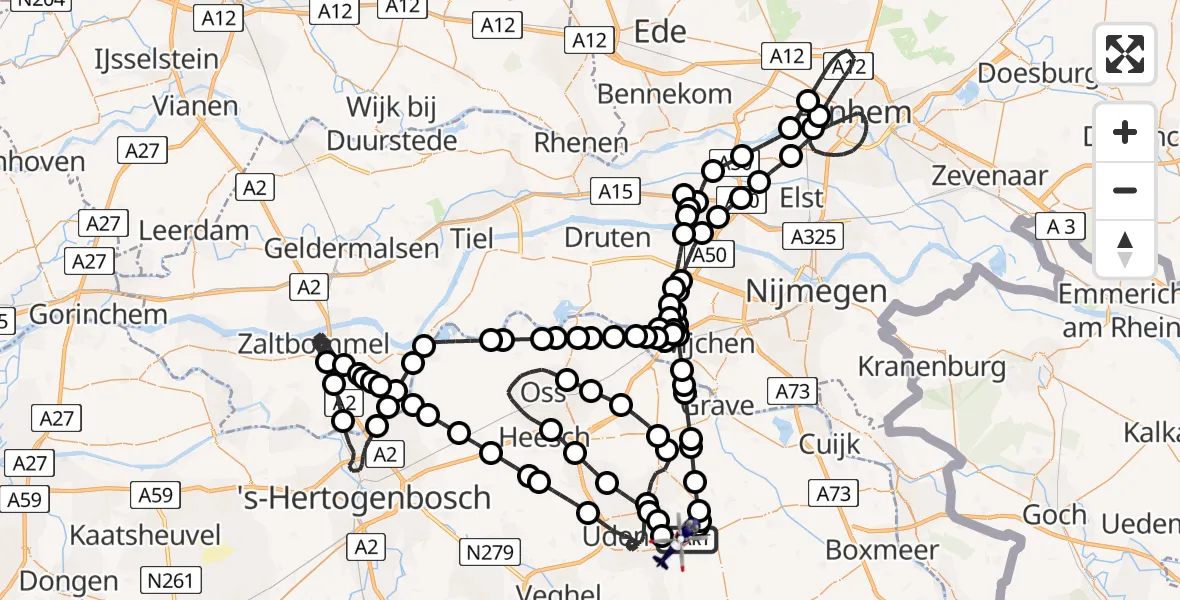 Vluchtroute Politiehelikopter van Vliegbasis Volkel naar Vliegbasis Volkel