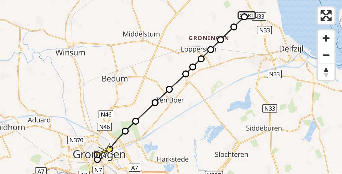 Routekaart van de vlucht: Lifeliner 4 naar Universitair Medisch Centrum Groningen, Maarhuizerweg