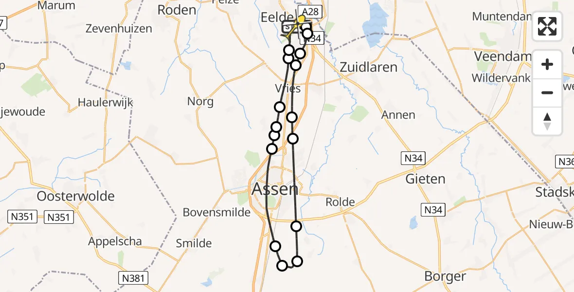 Routekaart van de vlucht: Lifeliner 4 naar Groningen Airport Eelde, Burgemeester J.G. Legroweg