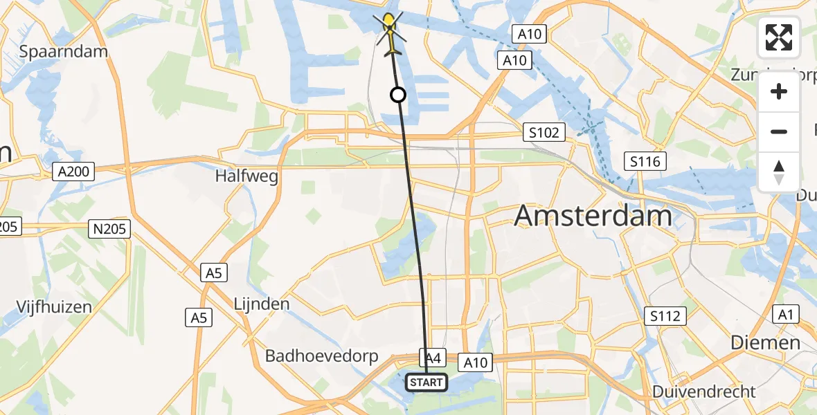 Routekaart van de vlucht: Politieheli naar Amsterdam Heliport, Ank van der Moerstraat