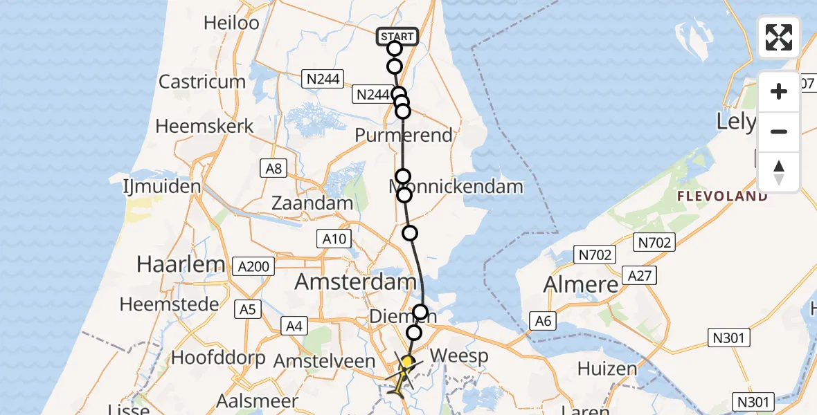 Routekaart van de vlucht: Lifeliner 1 naar Academisch Medisch Centrum (AMC), Noorddijk