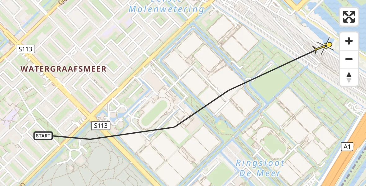 Routekaart van de vlucht: Politieheli naar Amsterdam, Molenwatering