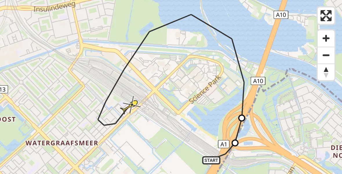 Vluchtroute Politiehelikopter van Amsterdam naar Amsterdam