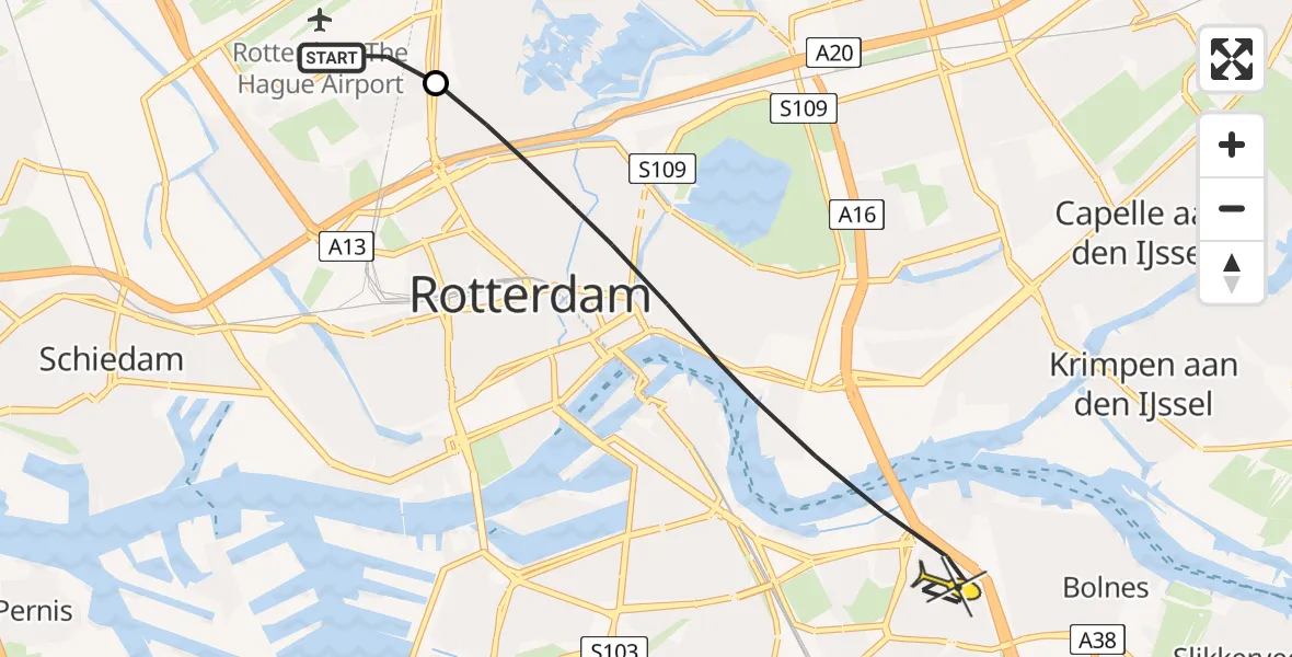 Routekaart van de vlucht: Lifeliner 2 naar Rotterdam, G.K. van Hogendorpweg