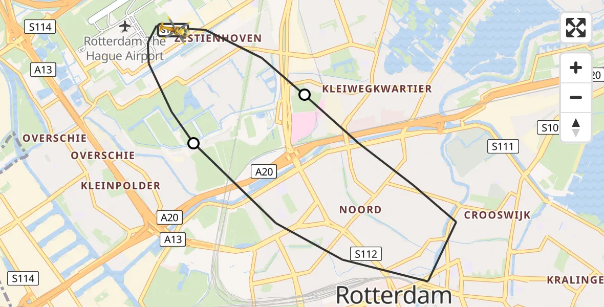Vluchtroute Traumahelikopter Rotterdam The Hague Airport - Rotterdam The Hague Airport, 10 maart 2024, 12:41